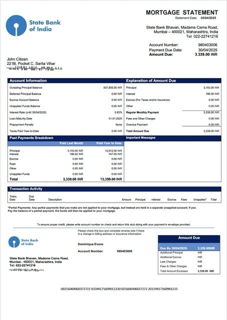 India State Bank of India mortgage statement Word and PDF template
