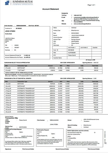 India Sundaram Mutual account statement Word and PDF template