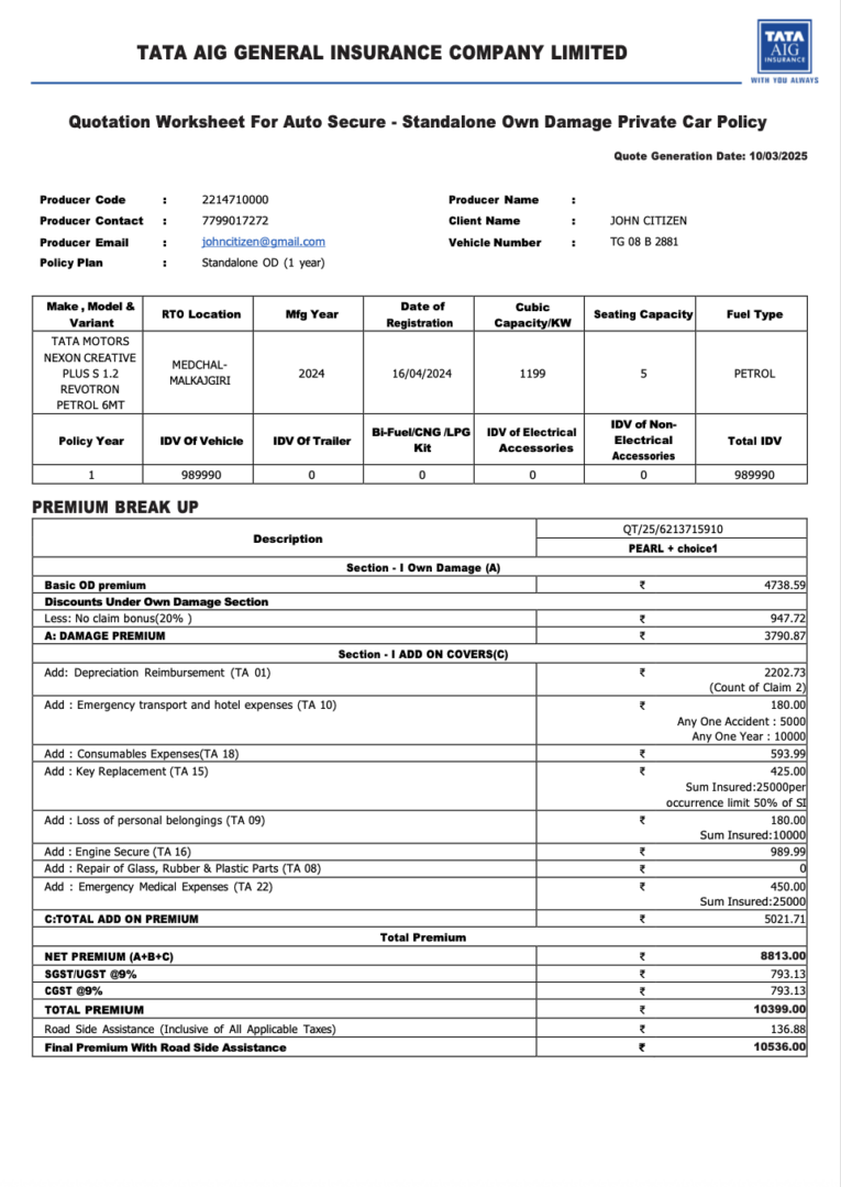India TATA AIG standalone own damage private car policy Word and PDF template
