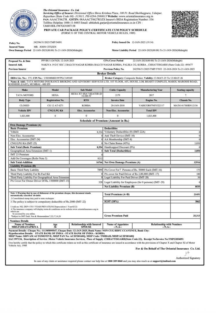 India The Oriental Insurance Company certificate cum policy schedule Word and PDF template