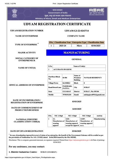 India Udyam registration certificate Word and PDF template