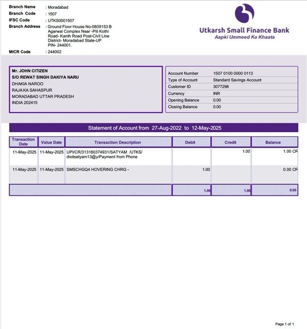India Utkarsh Small Finance Bank statement of account Word and PDF template