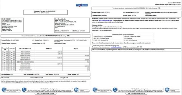 India Yes Bank statement of account Word and PDF template, 2 pages