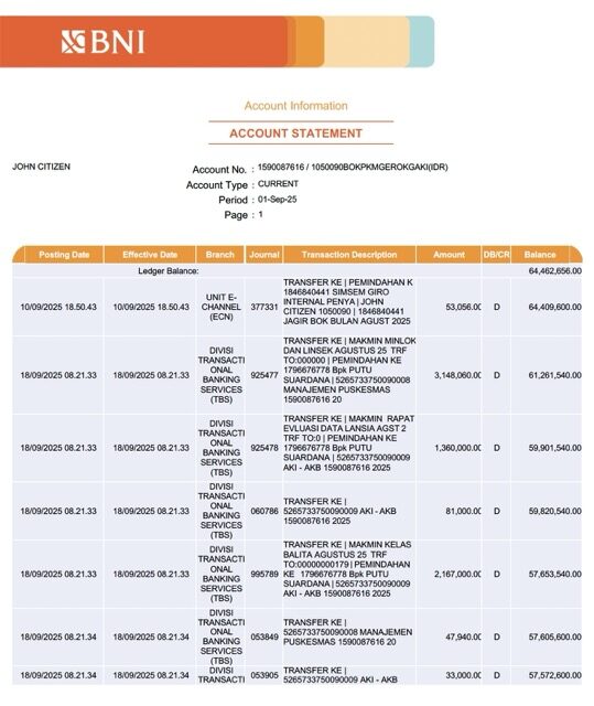 Indonesia BNI Bank account statement Word and PDF template