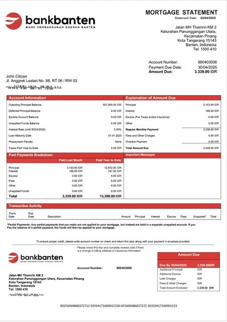 Indonesia Bank Banten mortgage statement Word and PDF template