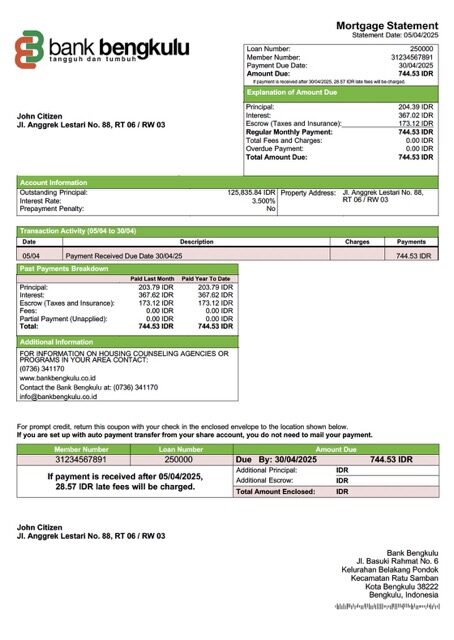 Indonesia Bank Bengkulu mortgage statement Word and PDF template