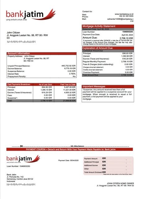Indonesia Bank Jatim mortgage statement Word and PDF template
