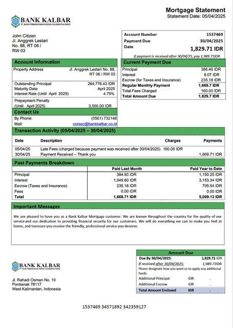 Indonesia Bank Kalbar mortgage statement Word and PDF template