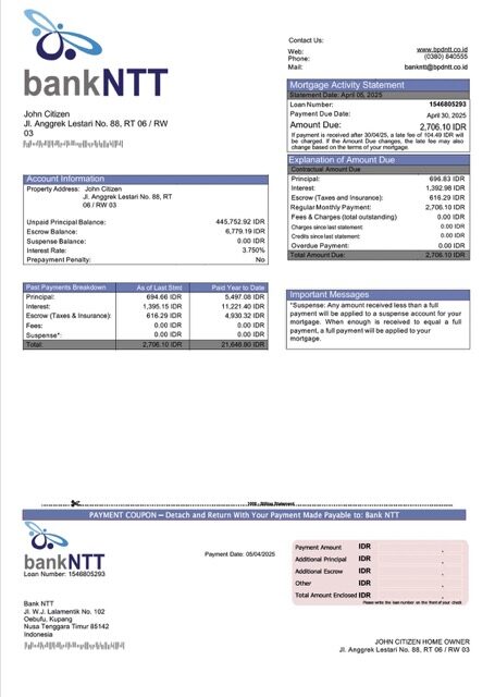 Indonesia Bank NTT mortgage statement Word and PDF template