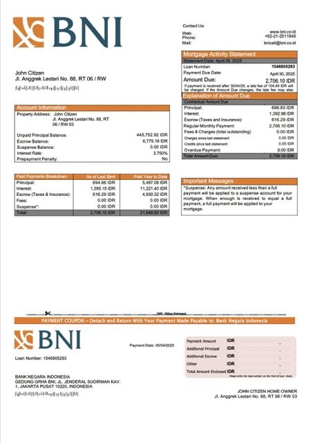 Indonesia Bank Negara Indonesia (BNI) mortgage statement Word and PDF template