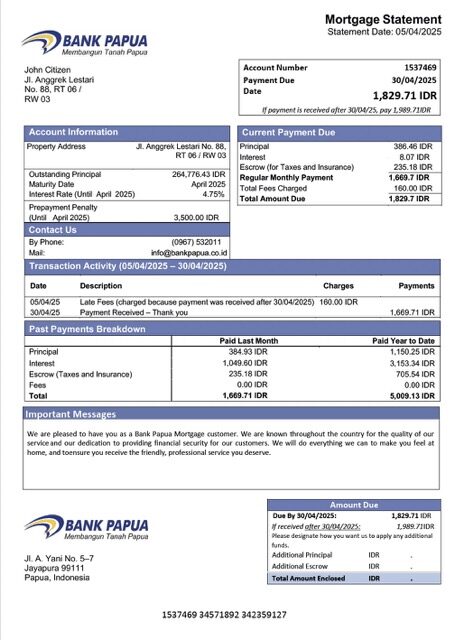 Indonesia Bank Papua mortgage statement Word and PDF template