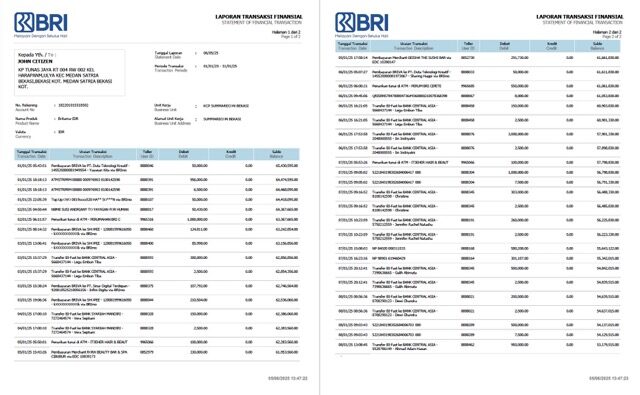 Indonesia Bank Rakyat Indonesia (BRI) statement of financial transaction Word and PDF template, 2 pages