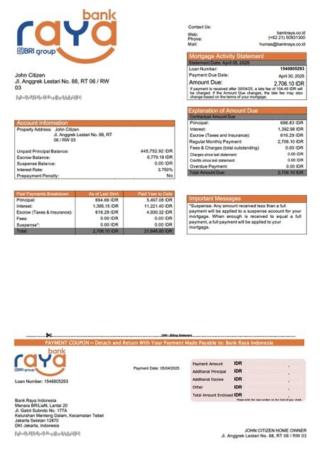 Indonesia Bank Raya Indonesia mortgage statement Word and PDF template