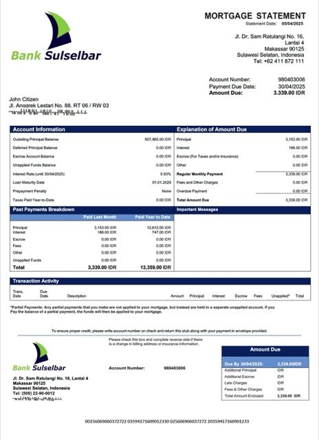 Indonesia Bank Sulselbar mortgage statement Word and PDF template