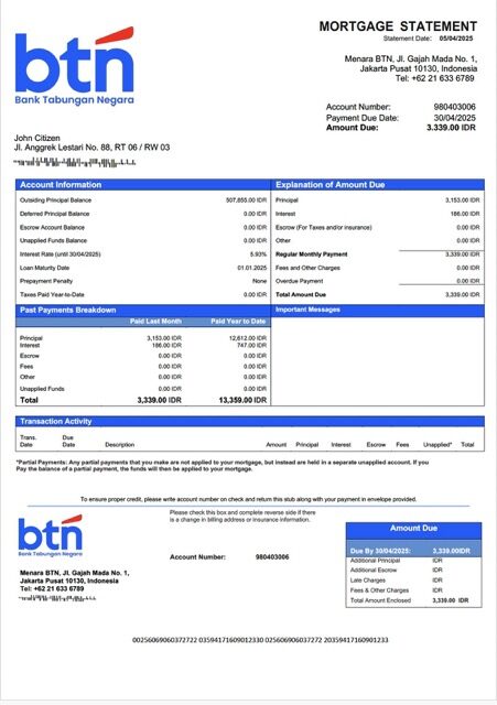 Indonesia Bank Tabungan Negara (BTN) mortgage statement Word and PDF template