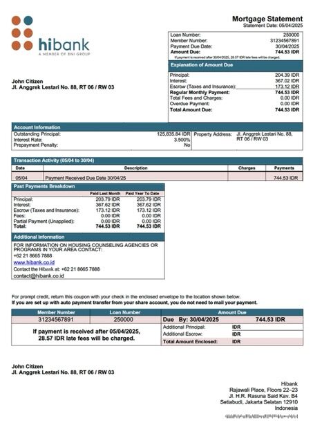 Indonesia Hibank mortgage statement Word and PDF template