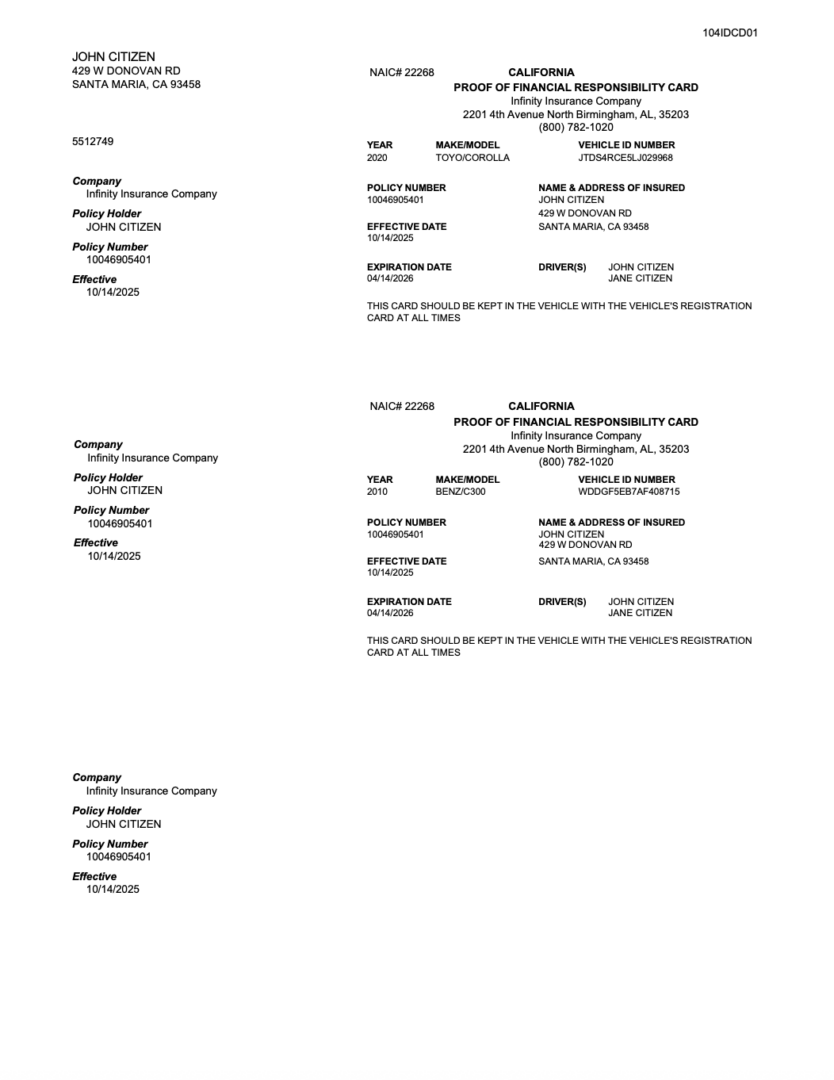 Infinity Insurance Company California proof of financial responsibility card Word and PDF template