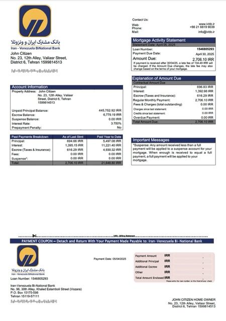 Iran-Venezuela Bi-National Bank mortgage statement Word and PDF template