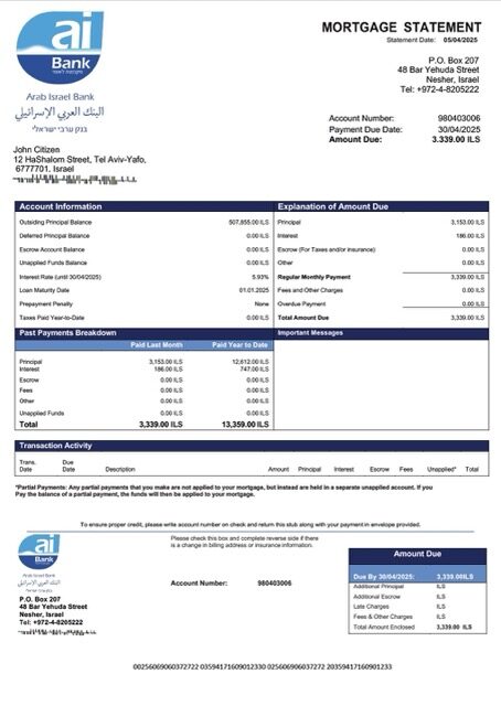 Israel Arab Israel Bank mortgage statement Word and PDF template