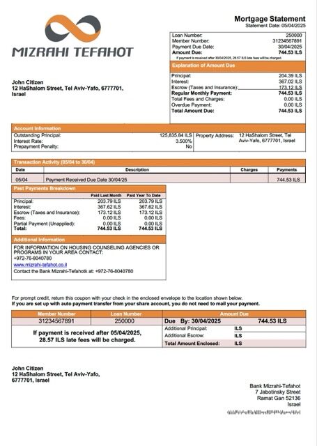Israel Bank Mizrahi-Tefahot mortgage statement Word and PDF template