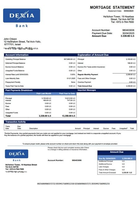 Israel Dexia Bank mortgage statement Word and PDF template