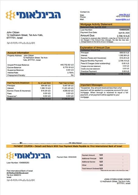 Israel First International Bank of Israel mortgage statement Word and PDF template