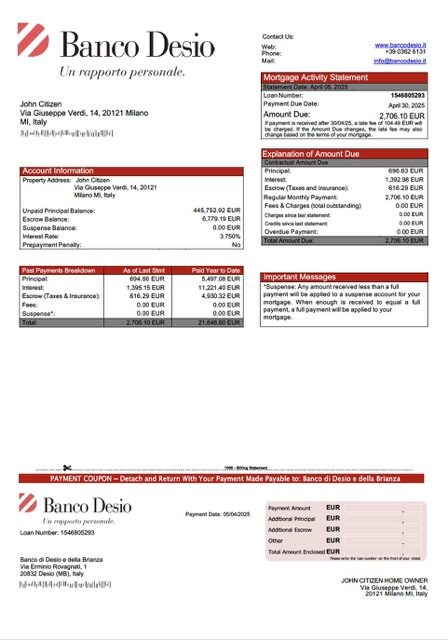 Italy Banco di Desio e della Brianza mortgage statement Word and PDF template