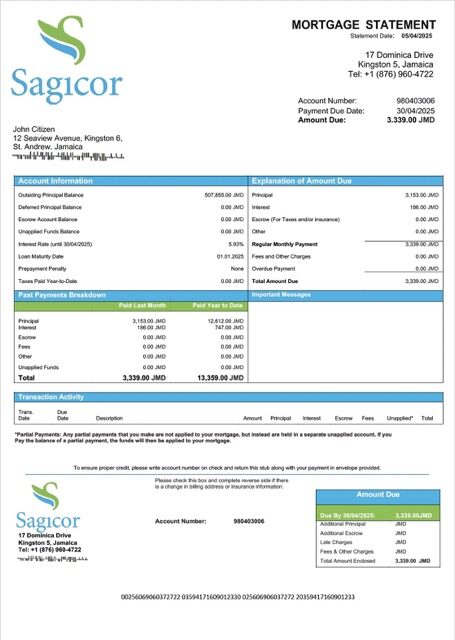 Jamaica Sagicor Bank Jamaica Limited mortgage statement Word and PDF template