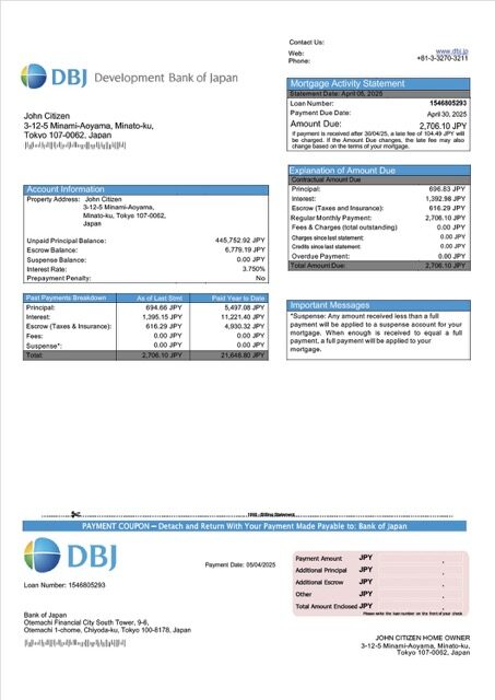 Japan Development Bank of Japan (DBJ) mortgage statement Word and PDF template
