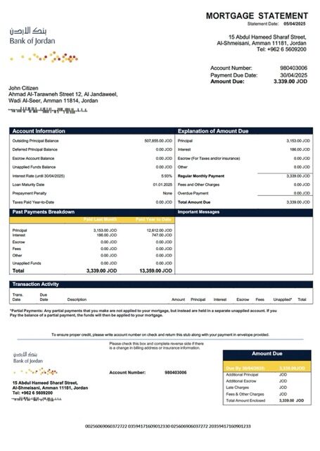 Jordan Bank of Jordan mortgage statement Word and PDF template