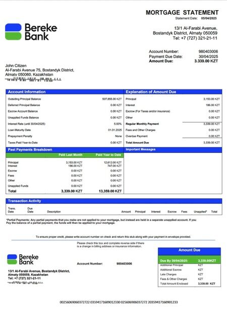 Kazakhstan Bereke Bank Kazakhstan mortgage statement Word and PDF template