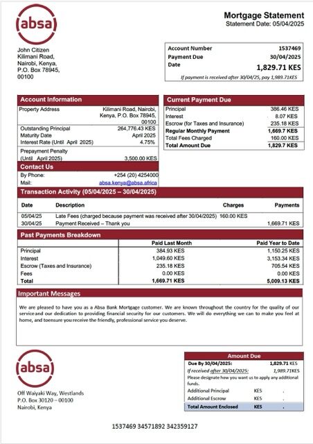 Kenya Absa Bank mortgage statement Word and PDF template
