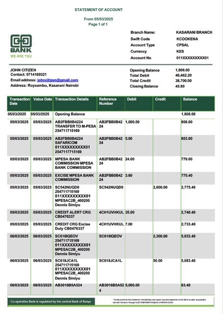 Kenya Co-operative Bank statement Word and PDF template, version 2