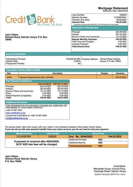 Kenya Credit Bank mortgage statement Word and PDF template