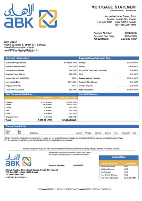 Kuwait Al Ahli Bank of Kuwait mortgage statement Word and PDF template