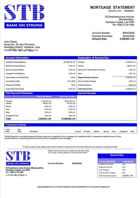Laos ST Bank mortgage statement Word and PDF template