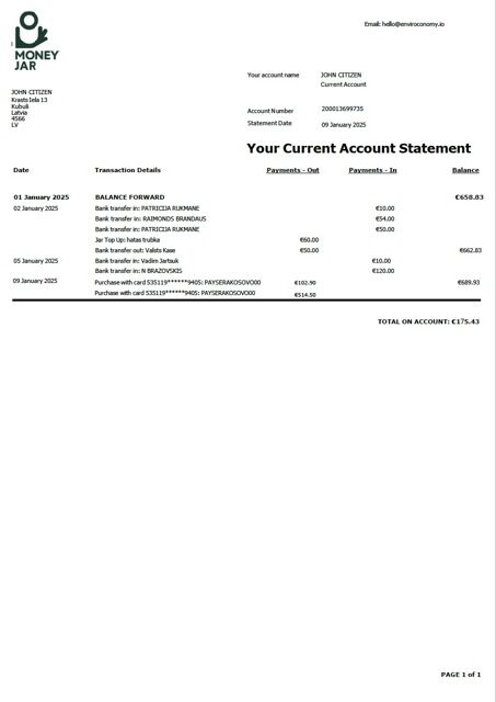 Latvia Money Jar account statement Word and PDF template