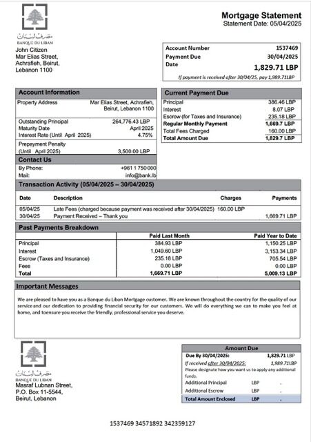 Lebanon Banque du Liban mortgage statement Word and PDF template