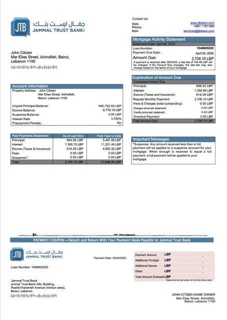 Lebanon Jammal Trust Bank mortgage statement Word and PDF template