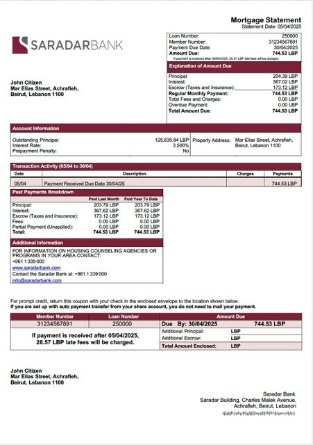 Lebanon Saradar Bank mortgage statement Word and PDF template