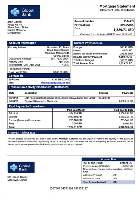Liberia Global Bank Liberia mortgage statement Word and PDF template
