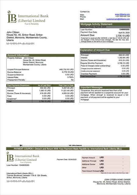 Liberia International Bank Liberia (IBLL) mortgage statement Word and PDF template