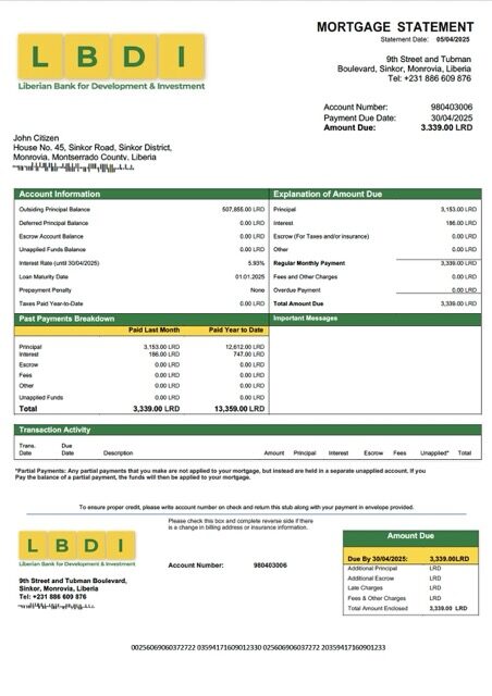 Liberian Bank for Development and Investment (LBDI) mortgage statement Word and PDF template