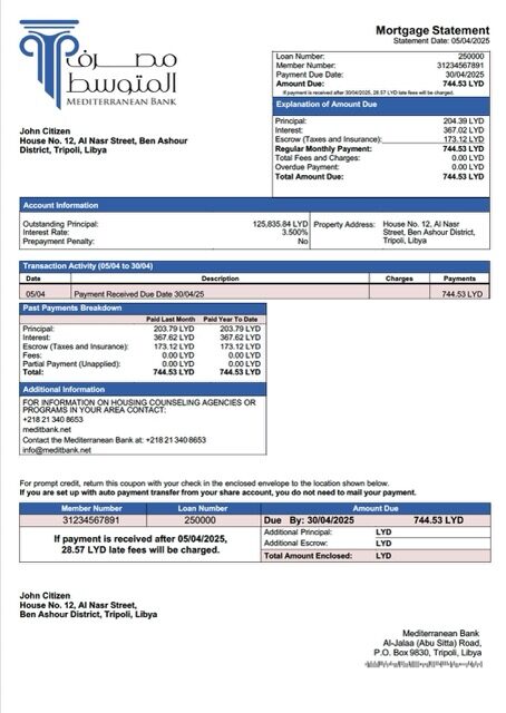 Libya Mediterranean Bank mortgage statement Word and PDF template