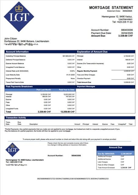 Liechtenstein LGT Bank mortgage statement Word and PDF template