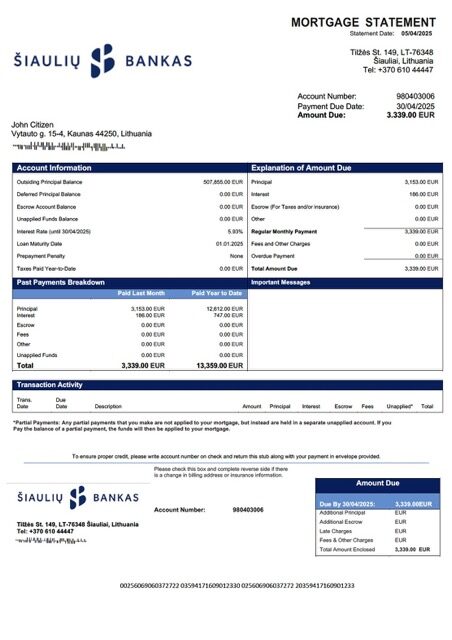 Lithuania AB Šiaulių bankas mortgage statement Word and PDF template