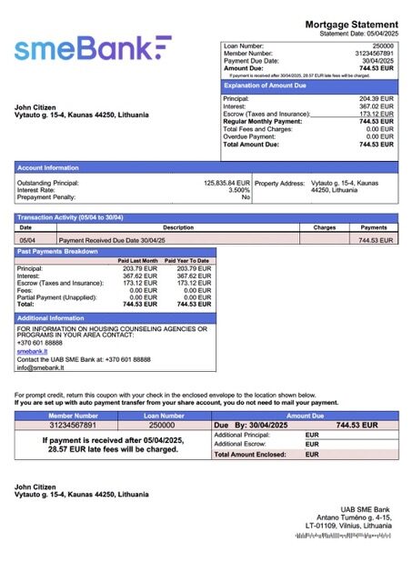 Lithuania UAB SME Bank mortgage statement Word and PDF template