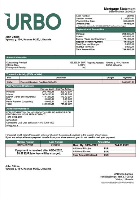Lithuania UAB Urbo bankas mortgage statement Word and PDF template