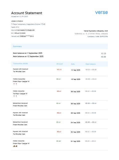 Lithuania Verse Payments account statement Word and PDF template