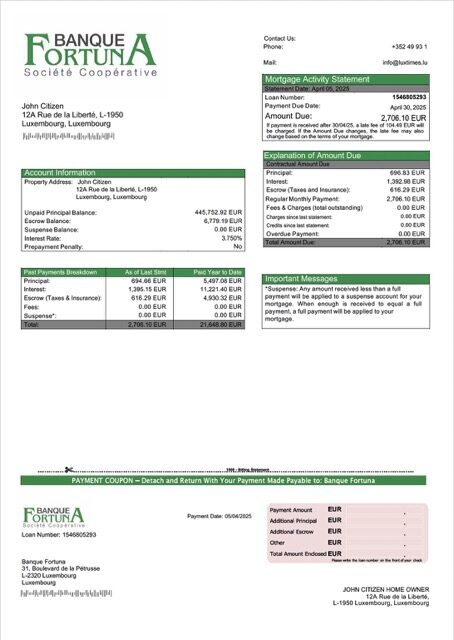 Luxembourg Banque Fortuna mortgage statement Word and PDF template